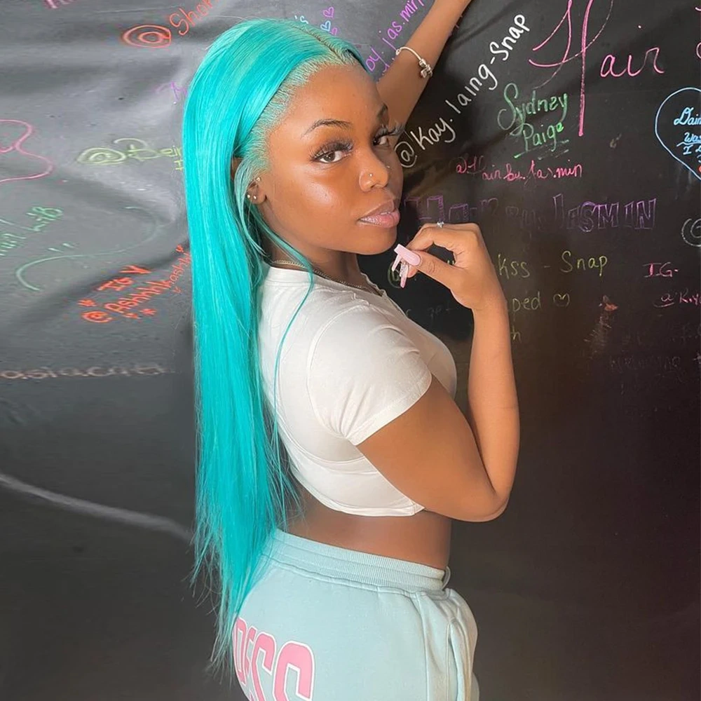 Light Blue Straight 13x6 Transparet Lace Front Human Hair Wigs Pre Plucked Brazilian Dark Blue 13x4 Lace Frontal Wigs For Women