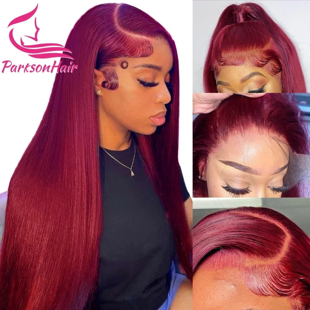 200% 13x4 Transparent Lace Front Wigs For Women Burgundy Pre Plucked Straight Human Hair Wig Brazilian 99J Lace Frontal Wigs