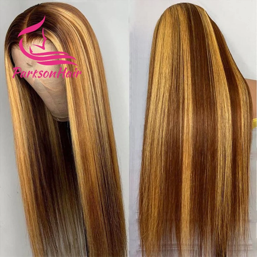 Highlight 13x4 Transparent Lace Front Human Hair  Wigs For Women Pre-Plucking Straight 200% Lace Frontal Wig 4/27 Human Hair Wig