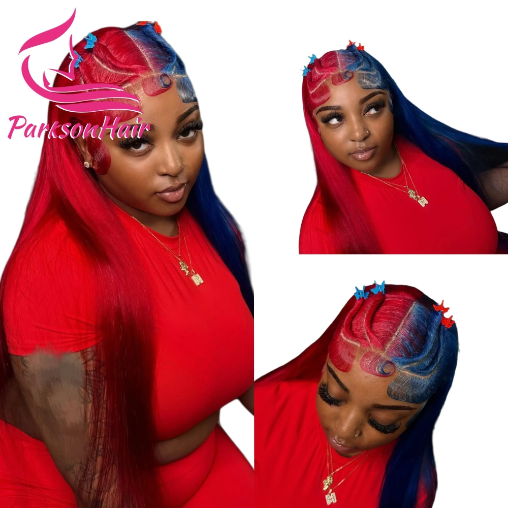 Blue With Red 13x4 13x6 Transparent Lace Frontal Wigs Brazilian Human Hair Wave Wig Ombre Blonde Colored For Women Pre-Plucking