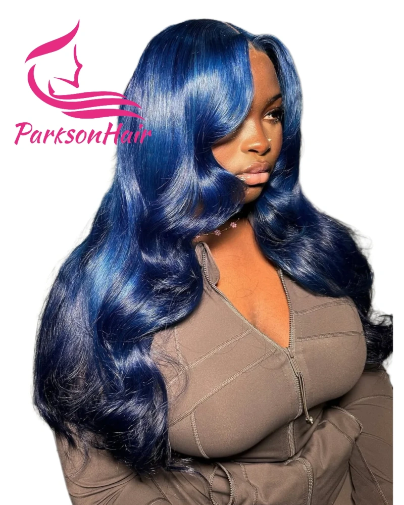 200% Density Dark Blue 13x4 Transparent Lace Front Human Hair Wigs Pre-Plucking Raw Body Wave Midnight Blue Lace Frontal Wig