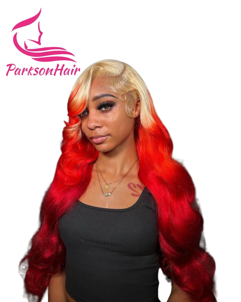 Ombre Hot Red 13x4 13x6 Transparent Lace Frontal Wigs Brazilian Raw Human Hair Wave Wig Blonde Colored For Women Pre-Plucking