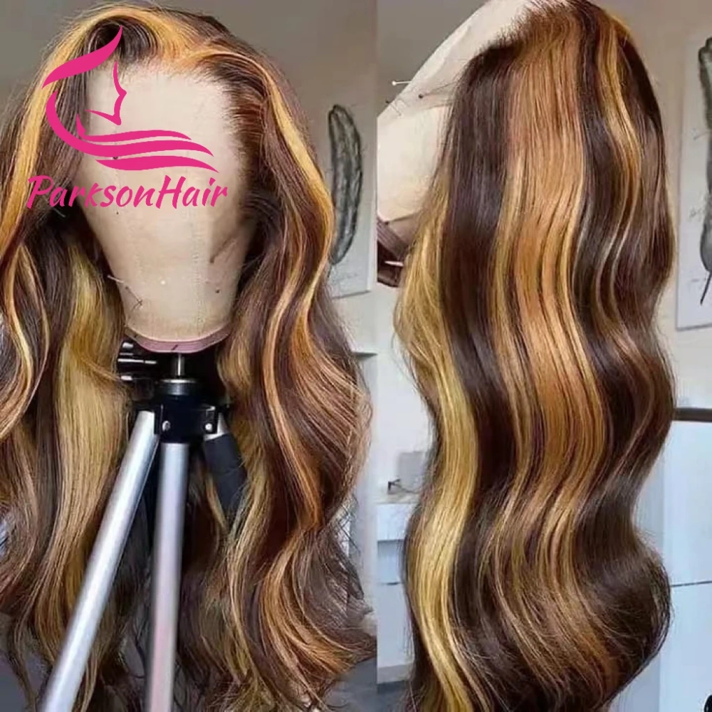 Body Wave 13x4 Highlight Transparent Lace Front Human Hair Wigs For Women Pre-Plucking Brazilian 4/27 Human Hair Wig 200 Density