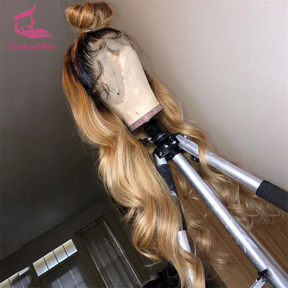 Body Wave Honey Blonde 13x6 13x4 Transparent Lace Front Human Hair Wig Brazilian PrePlucked Brown With Dark Roots Human Hair Wig