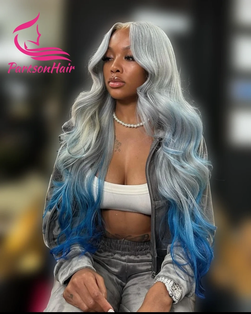 Gradient Gray Blue 13X6 HD Lace Frontal Wig Body Wave 613 Colored Brazilian 13X4 Transparent Lace Front Human Hair Wig For Women