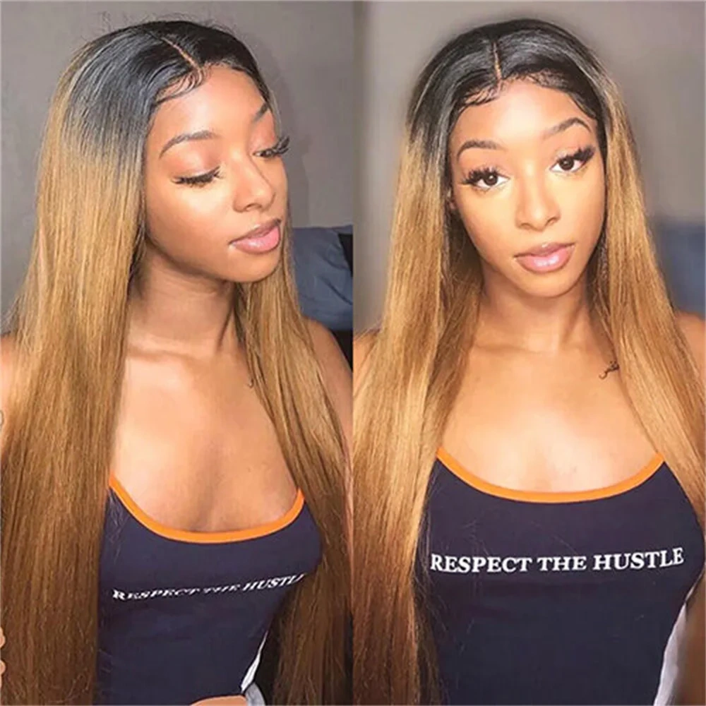 Honey Brown Straight Human Hair Wig With Black Roots Ready To Wear 5x5 Glueless Lace Closure Wig 200% Density With Drawstring