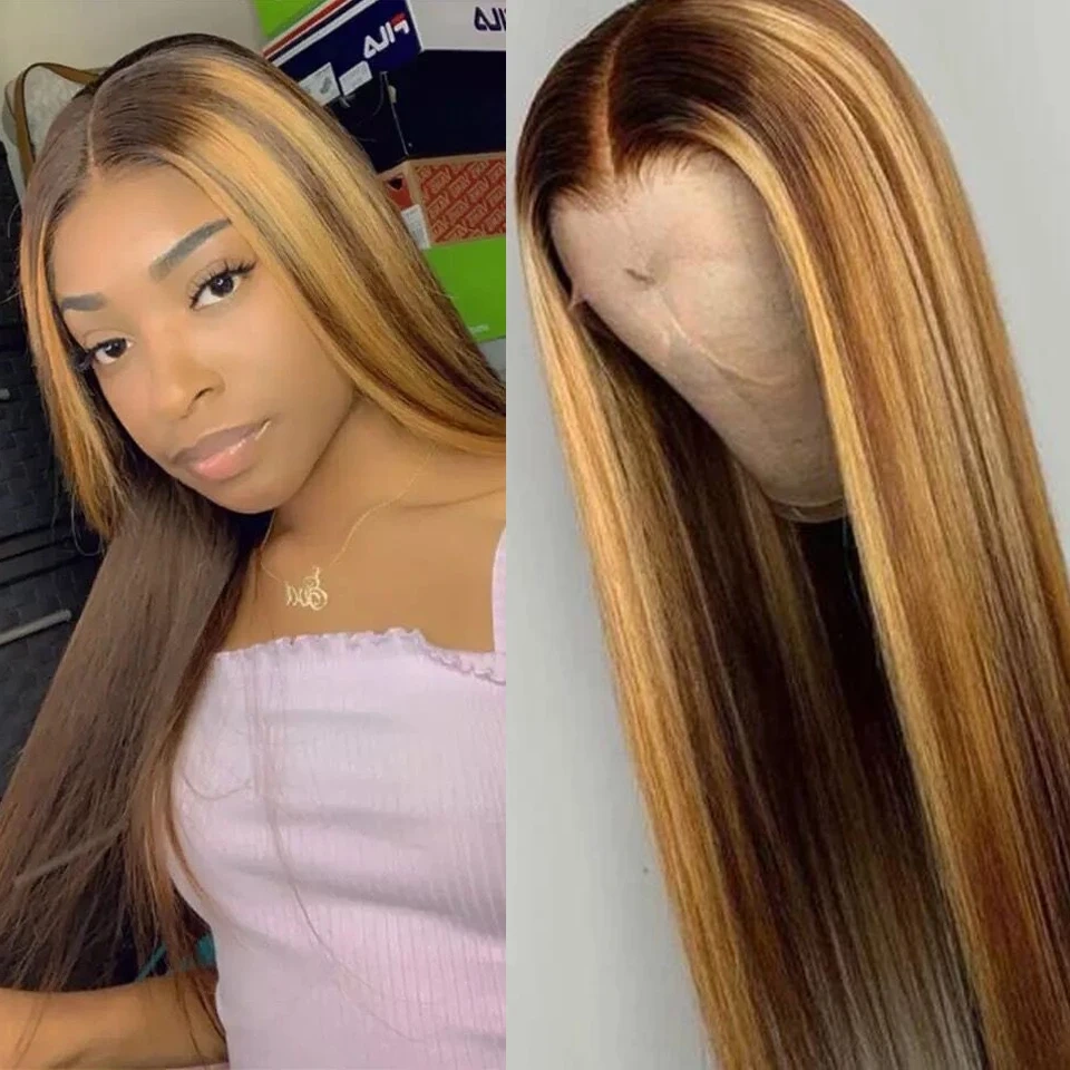 Highlight 13x4 Transparent Lace Front Human Hair  Wigs For Women Pre-Plucking Straight 200% Lace Frontal Wig 4/27 Human Hair Wig