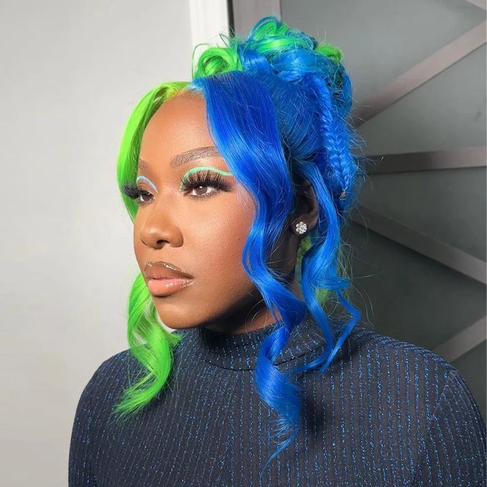 Blonde Colored 13x4 13x6 Transparent Lace Front Human Hair Wig Body Wave Blue With Green Lace Frontal Wig For Women Pre-Plucked
