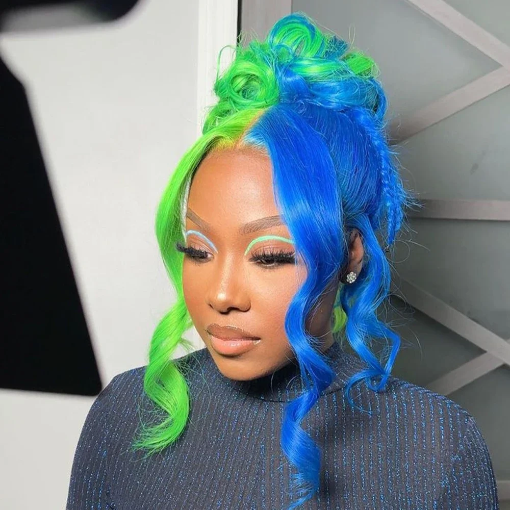Blonde Colored 13x4 13x6 Transparent Lace Front Human Hair Wig Body Wave Blue With Green Lace Frontal Wig For Women Pre-Plucked