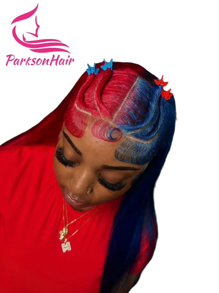 Blue With Red 13x4 13x6 Transparent Lace Frontal Wigs Brazilian Human Hair Wave Wig Ombre Blonde Colored For Women Pre-Plucking