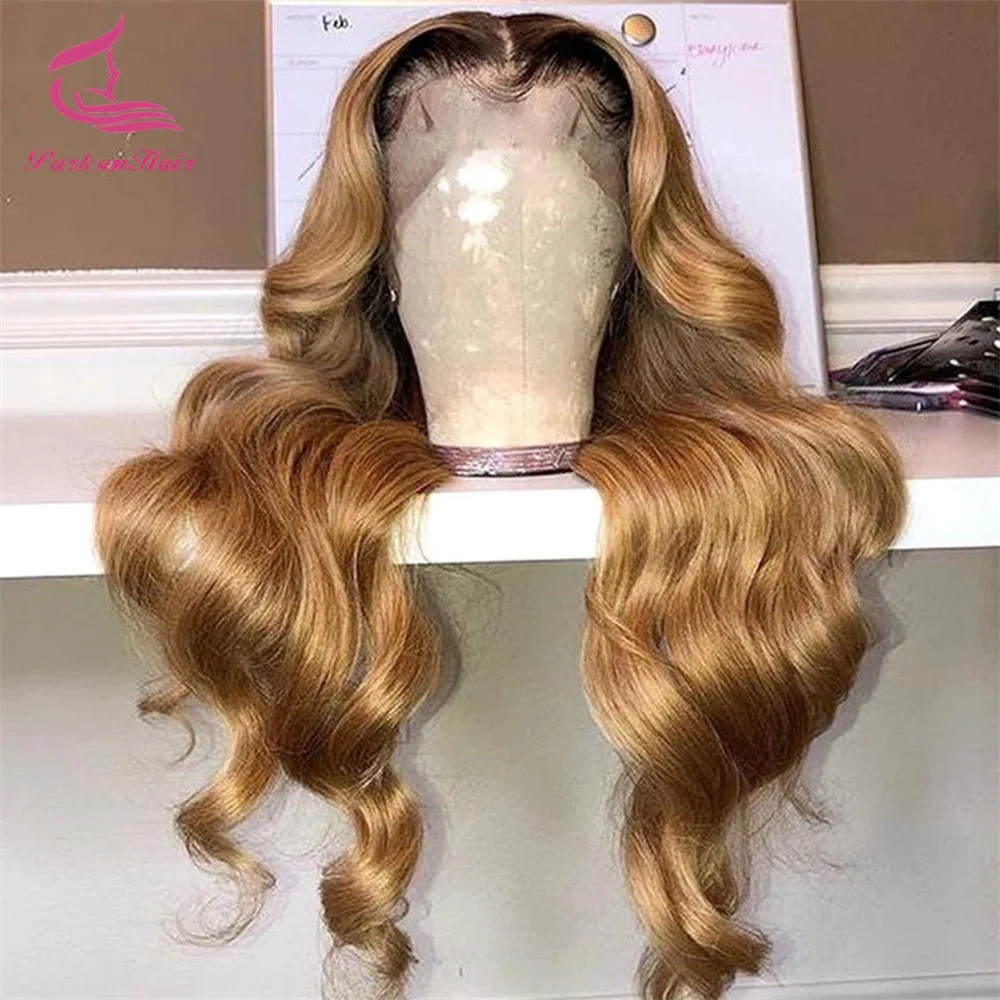 Body Wave Honey Blonde 13x6 13x4 Transparent Lace Front Human Hair Wig Brazilian PrePlucked Brown With Dark Roots Human Hair Wig