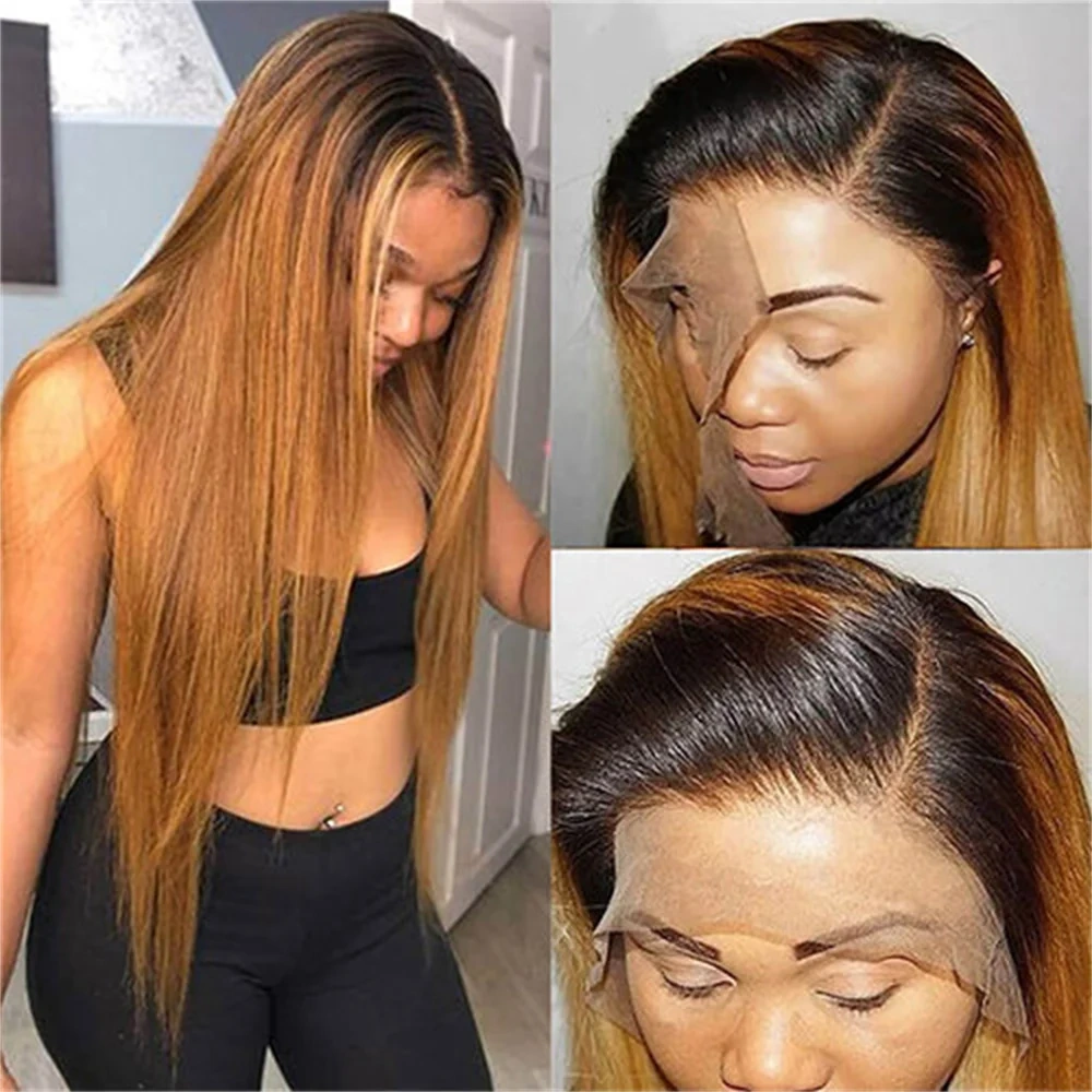 Honey Brown Straight Human Hair Wig With Black Roots Ready To Wear 5x5 Glueless Lace Closure Wig 200% Density With Drawstring
