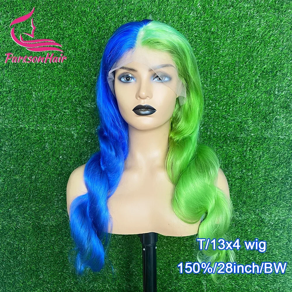 Blonde Colored 13x4 13x6 Transparent Lace Front Human Hair Wig Body Wave Blue With Green Lace Frontal Wig For Women Pre-Plucked