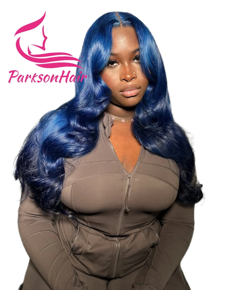 200% Density Dark Blue 13x4 Transparent Lace Front Human Hair Wigs Pre-Plucking Raw Body Wave Midnight Blue Lace Frontal Wig