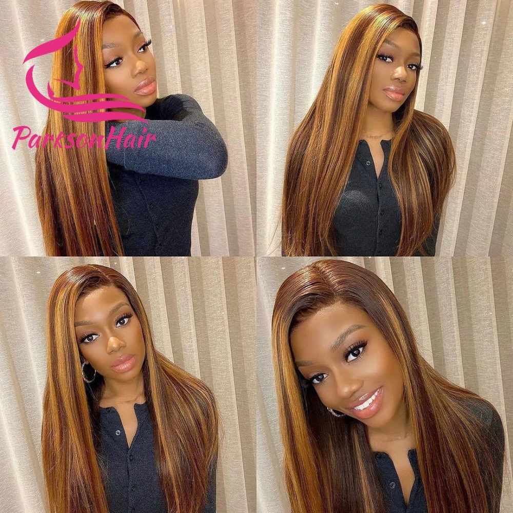 Highlight 13x4 Transparent Lace Front Human Hair  Wigs For Women Pre-Plucking Straight 200% Lace Frontal Wig 4/27 Human Hair Wig