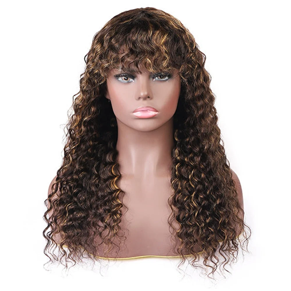 4/27 Deep Wave Glueless Human Hair Wig With Bangs Drawsting Ready To Go 5x5 Lace Closure Wigs Human Hair Lace Front Wig No Glue