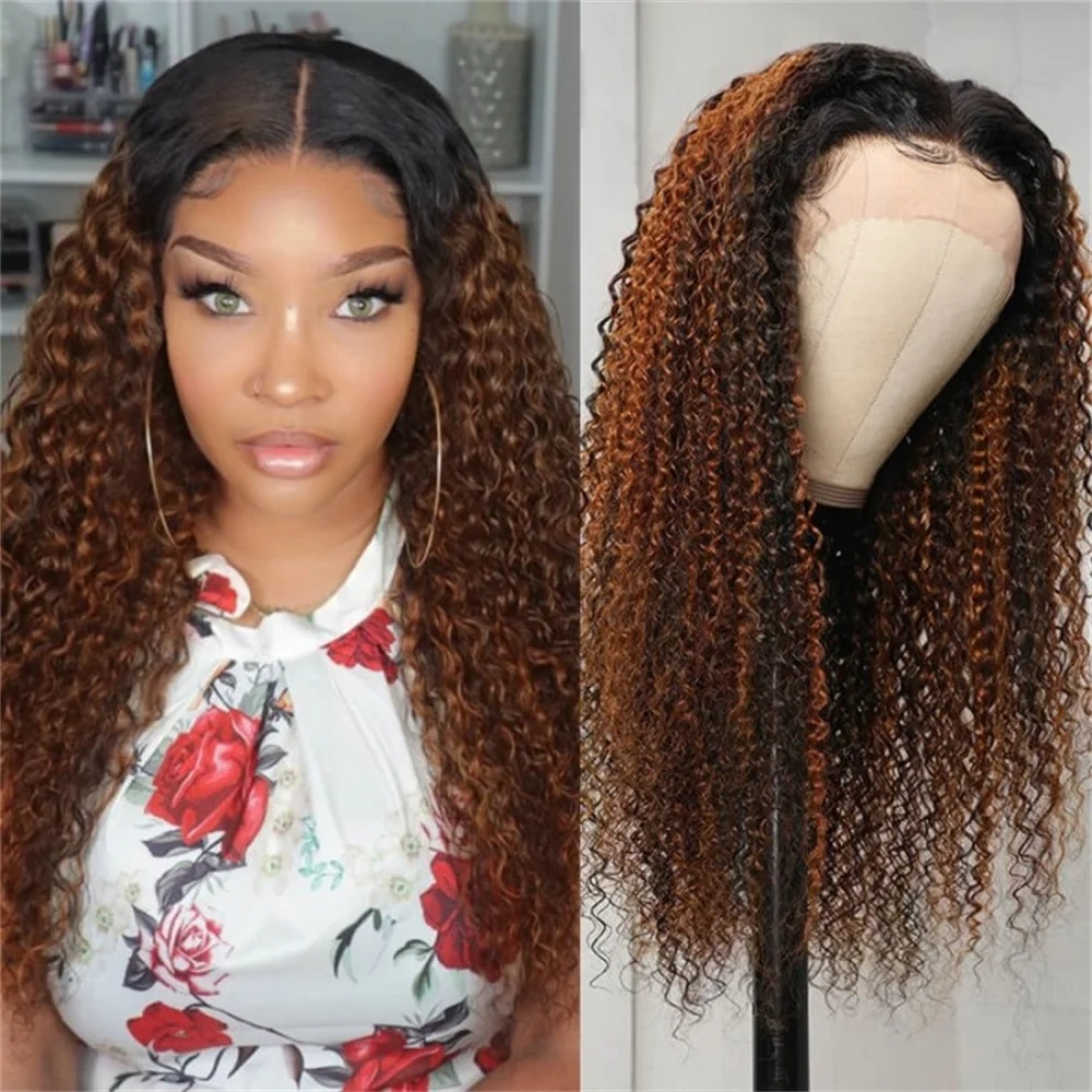 Wear & Go Glueless Human Hair Wig Deep Curly 1b/27 Highlight Lace Front Wig 100% Human Hair 5x5 Lace Closure Wig With Dark Roots