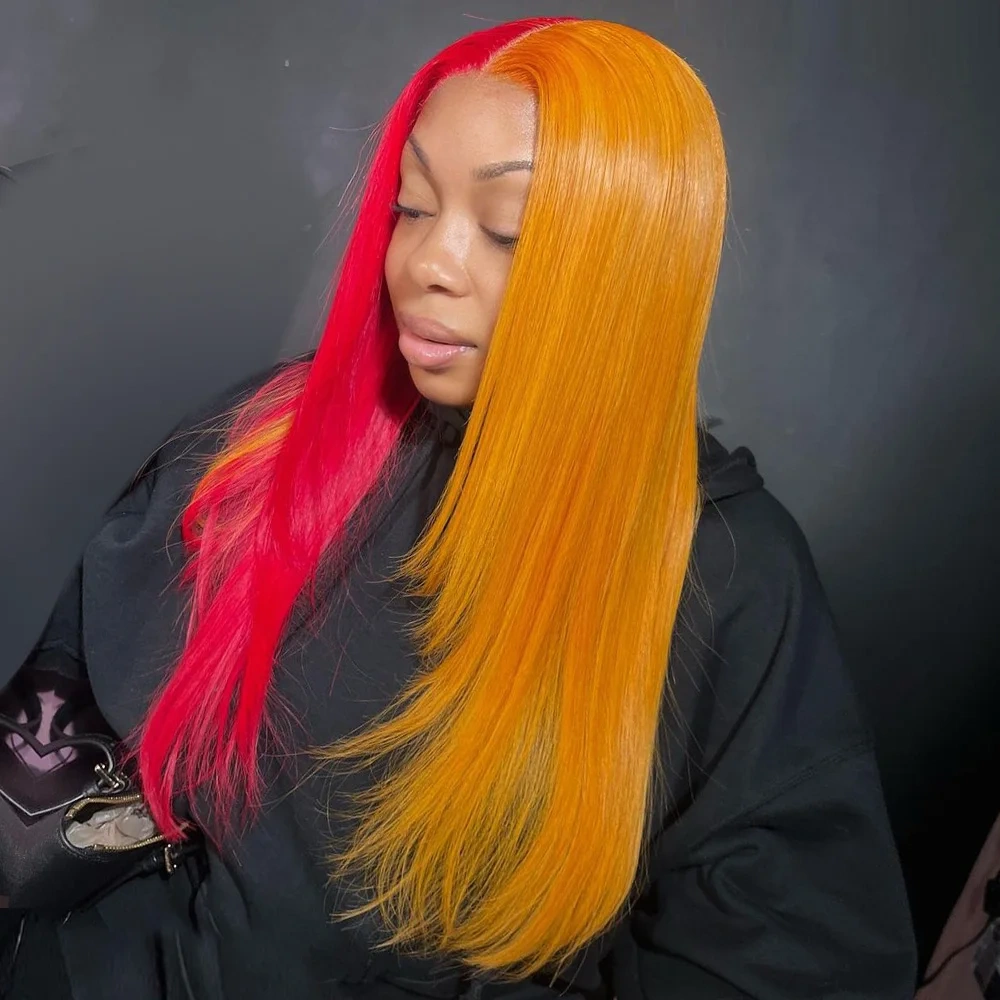 Red With Ginger Colored 13x4 13x6 Transparent Lace Front Wig Pre-Plucking 100% Brazilian Human Hair Straight Lace Front Wigs