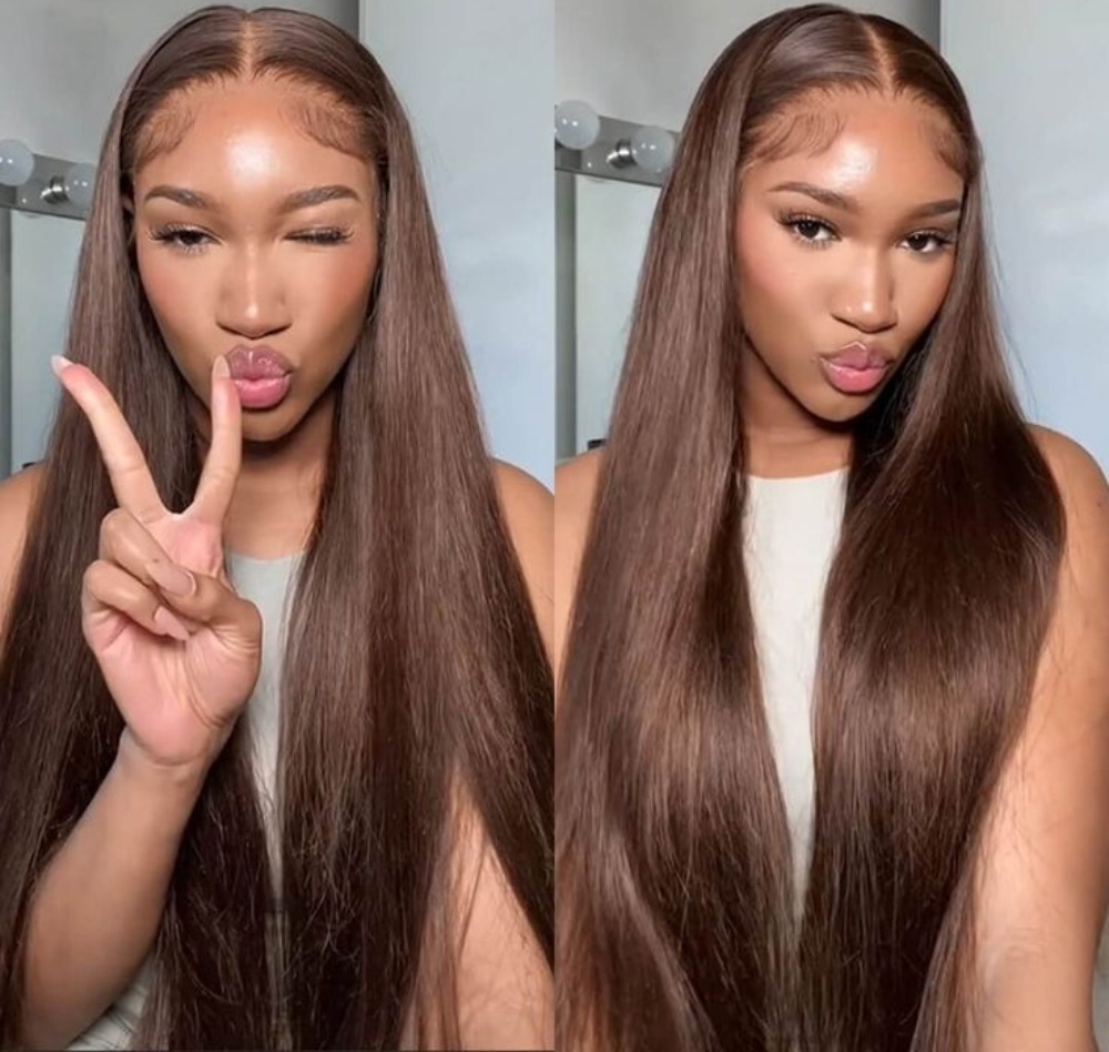 ParksonHair Chocolate Brown Human Hair Wigs 13x4 Transparent Full Lace Frontal Wig Straight Dark Brown Lace Wig Pre-Plucking