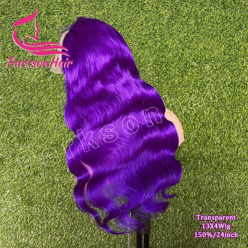 ParksonHair Violet Purple Color 13x4 Transparent Lace Front Human Hair Wigs Body Wave Wigs 150% Density