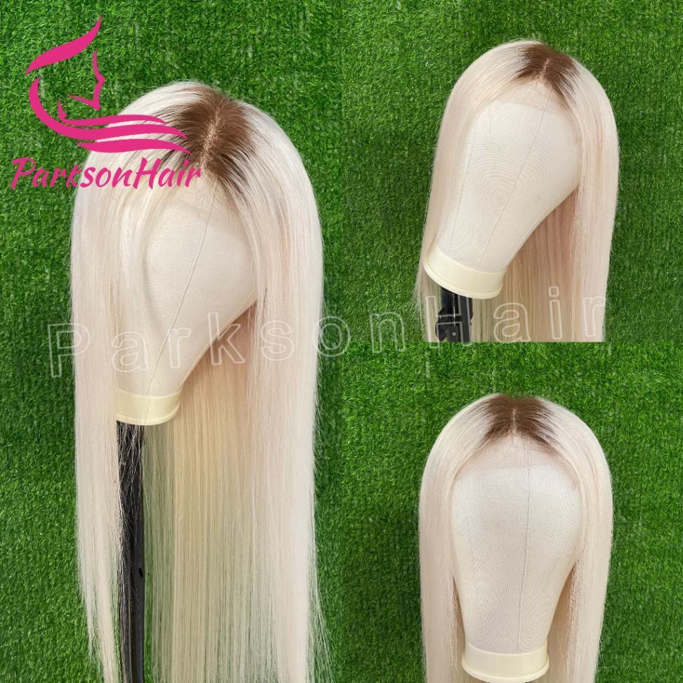 ParksonHair 613 Blonde Colored Human Hair Wig With Dark Roots 180% Density 13x6 13x4 Transparent Regular Lace Front Wig For Women Pre Plucked