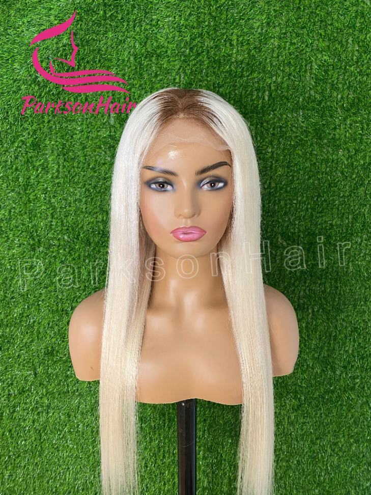 ParksonHair 613 Blonde Colored Human Hair Wig With Dark Roots 180% Density 13x6 13x4 Transparent Regular Lace Front Wig For Women Pre Plucked