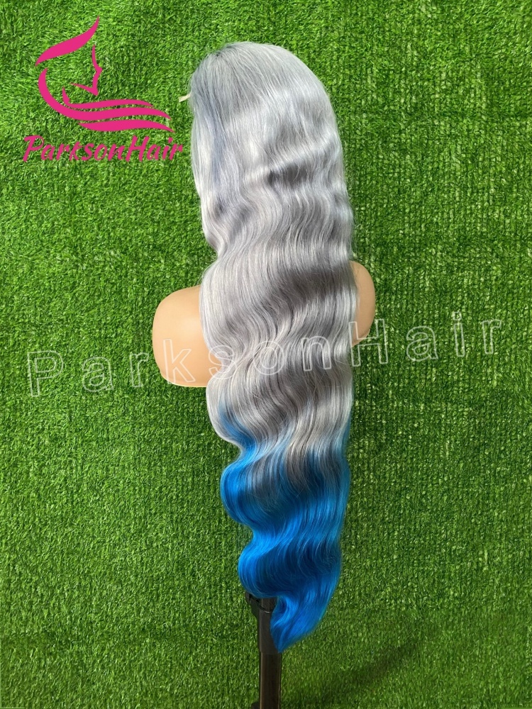 ParksonHair Gradient Gray Blue 13X6 Regular Lace Front Wig Body Wave Virgin Hair Ombre Color 13X4 Transparent Lace Front Human Hair Wig For Women