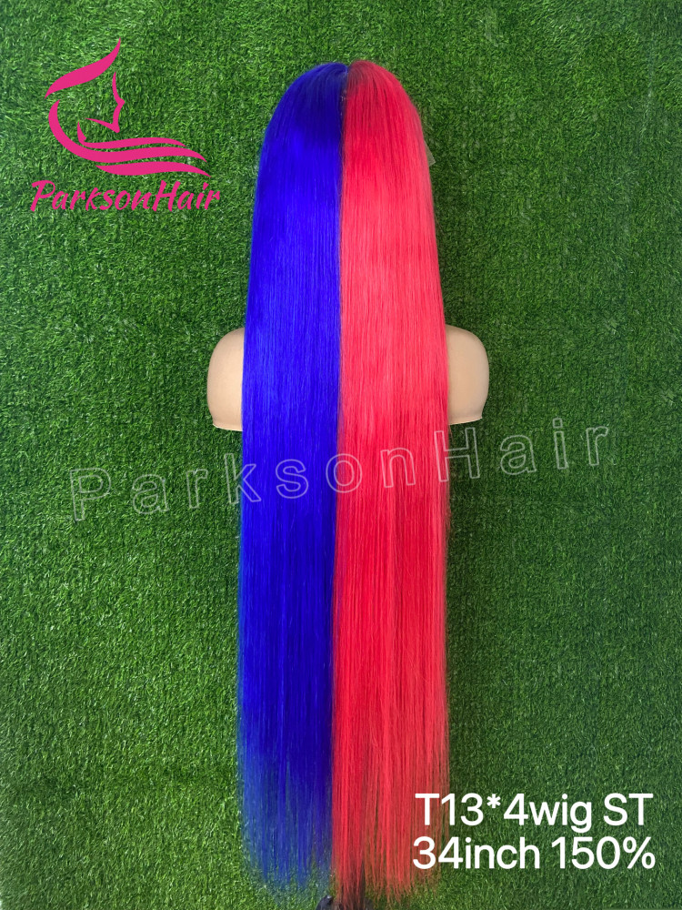 ParksonHair Blue With Red 13x4 13x6 Transparent Full Lace Frontal Wigs 12A Virgin Human Hair Wave Wig Ombre Blonde Colored For Women Pre-Plucking