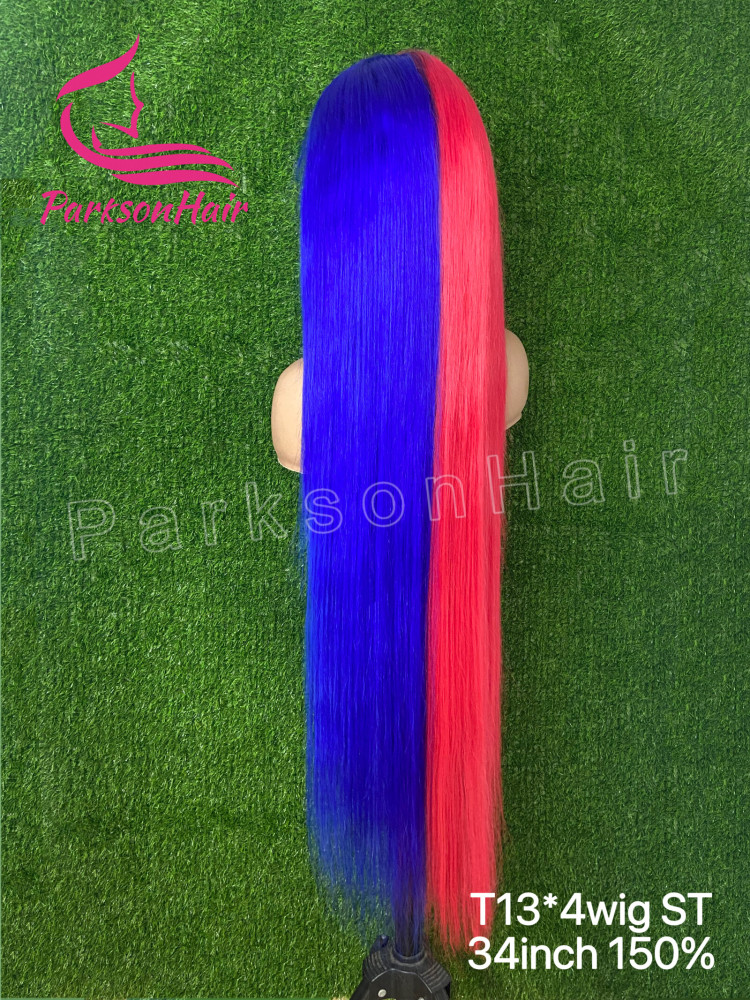 ParksonHair Blue With Red 13x4 13x6 Transparent Full Lace Frontal Wigs 12A Virgin Human Hair Wave Wig Ombre Blonde Colored For Women Pre-Plucking