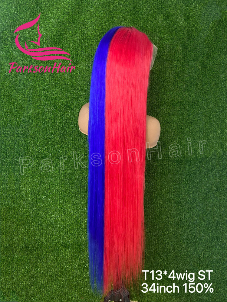 ParksonHair Blue With Red 13x4 13x6 Transparent Full Lace Frontal Wigs 12A Virgin Human Hair Wave Wig Ombre Blonde Colored For Women Pre-Plucking