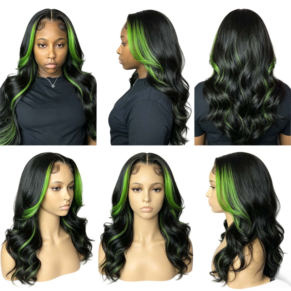 ParksonHair Black to Green Ombre Body Wave 13x6 Lace Front Wig 100% Virgin Human Hair 180% Density 13x4 Highlight Transparent Lace Wig