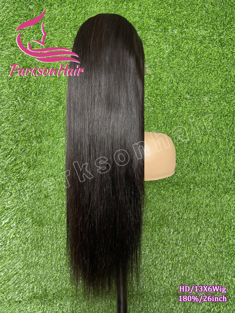 ParksonHair Swiss HD Lace 13x6 Full Lace Frontal Human Hair Wig Pre-Plucking 180% Density Natural Black Straight 12A Virgin Hair Wigs