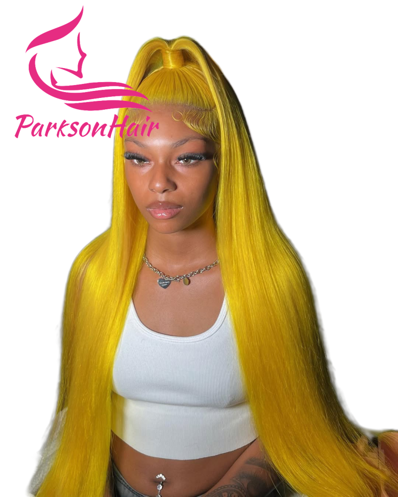 ParksonHair Yellow Colored 13x4 Transparent Lace Front Human Hair Wigs Body Wave Straight Wigs 150% Density