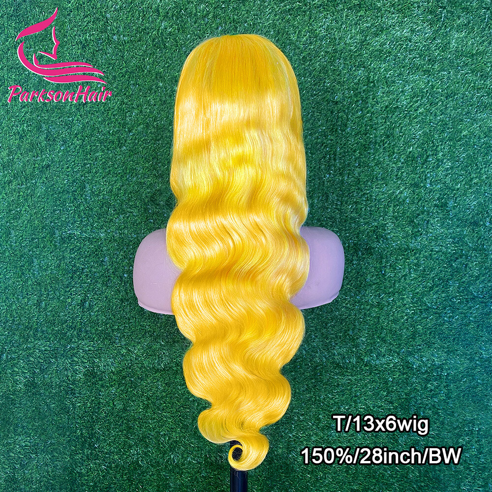 ParksonHair Yellow Colored 13x4 Transparent Lace Front Human Hair Wigs Body Wave Straight Wigs 150% Density
