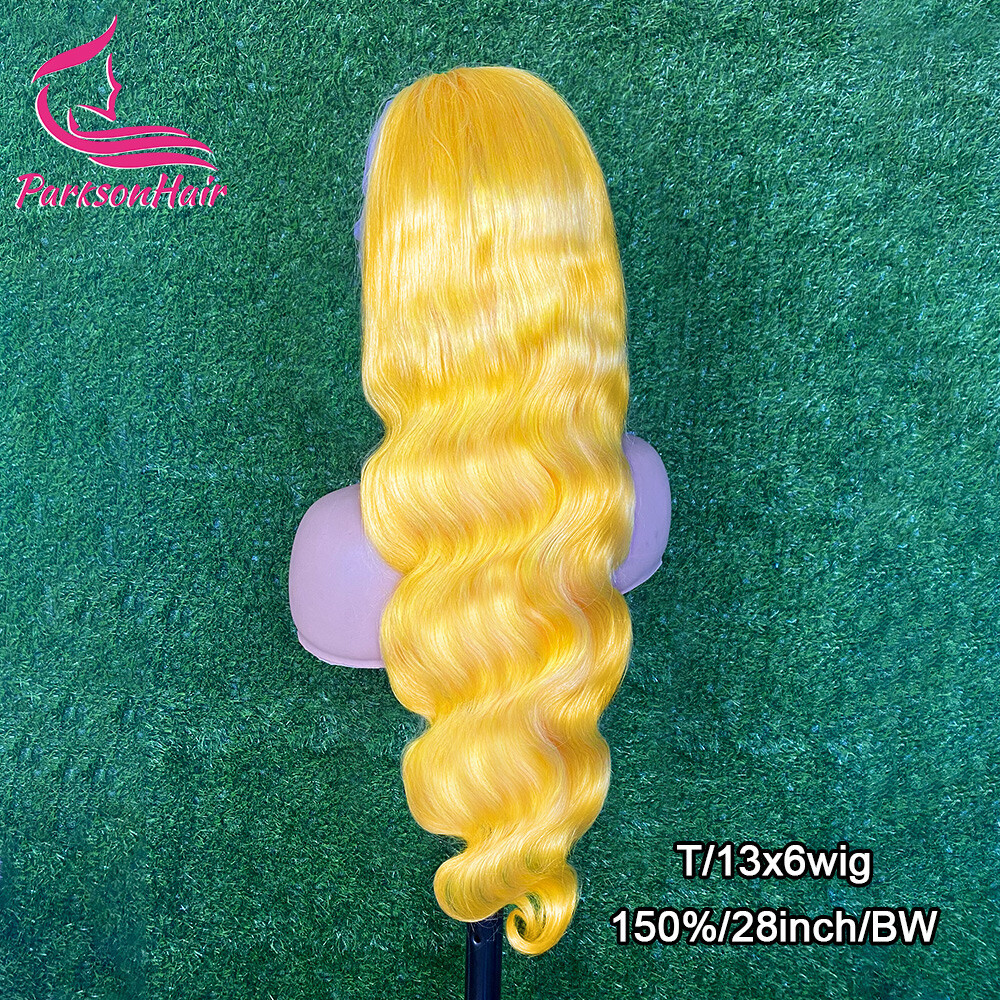 ParksonHair Yellow Colored 13x4 Transparent Lace Front Human Hair Wigs Body Wave Straight Wigs 150% Density