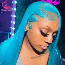 ParksonHair Blue Colored 13x4 Transparent Lace Front Human Hair Wigs 12A Virgin Hair Straight Wigs 150% Density