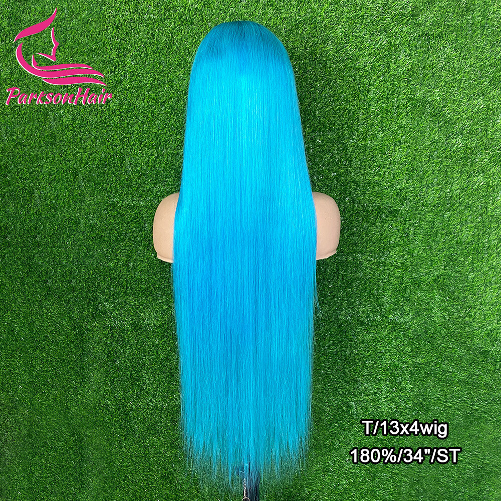 ParksonHair Blue Colored 13x4 Transparent Lace Front Human Hair Wigs 12A Virgin Hair Straight Wigs 150% Density