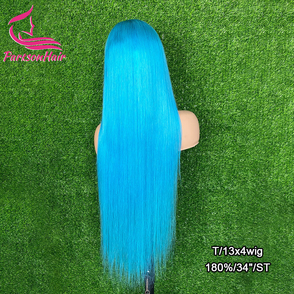ParksonHair Blue Colored 13x4 Transparent Lace Front Human Hair Wigs 12A Virgin Hair Straight Wigs 150% Density