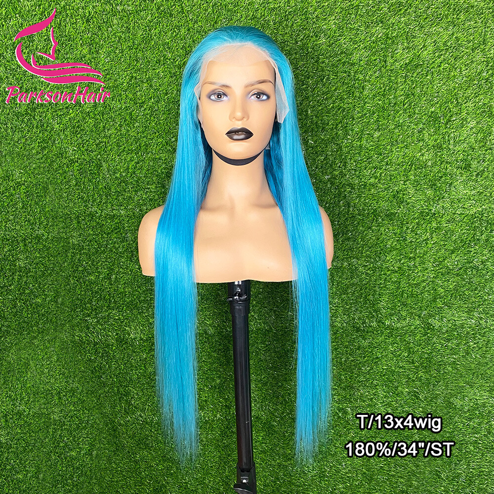 ParksonHair Blue Colored 13x4 Transparent Lace Front Human Hair Wigs 12A Virgin Hair Straight Wigs 150% Density