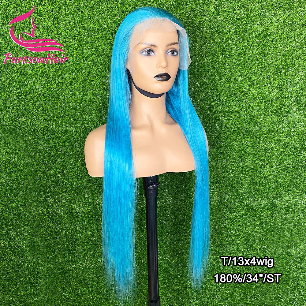 ParksonHair Blue Colored 13x4 Transparent Lace Front Human Hair Wigs 12A Virgin Hair Straight Wigs 150% Density