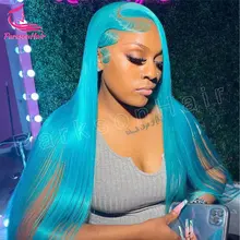 ParksonHair Blue Colored 13x4 Transparent Lace Front Human Hair Wigs 12A Virgin Hair Straight Wigs 150% Density