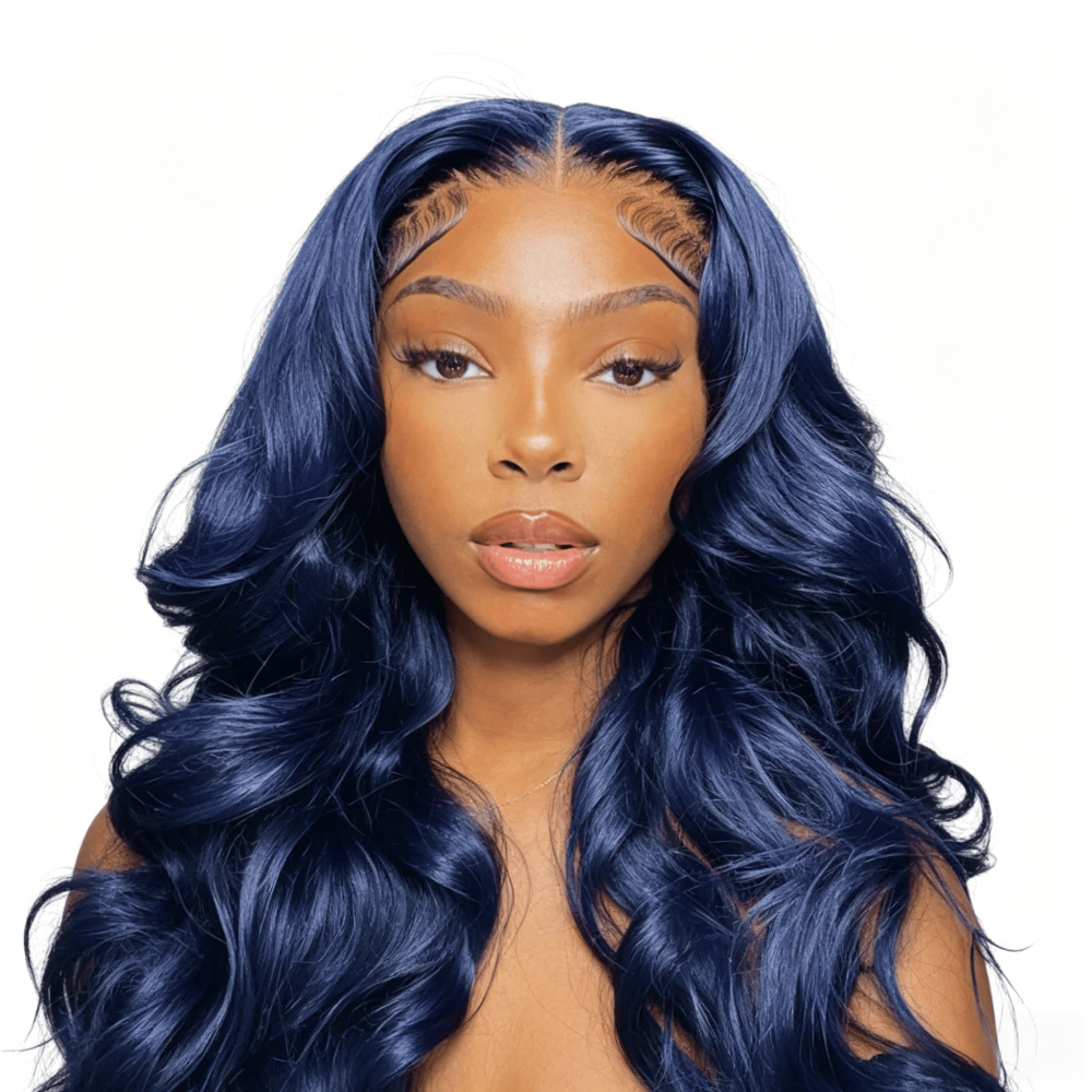 ParksonHair Transparent Lace MIdnight Blue 13x4 Full Lace Frontal Human Hair Wig Pre-Plucking Body Wave 180% Density Dark Blue Wigs