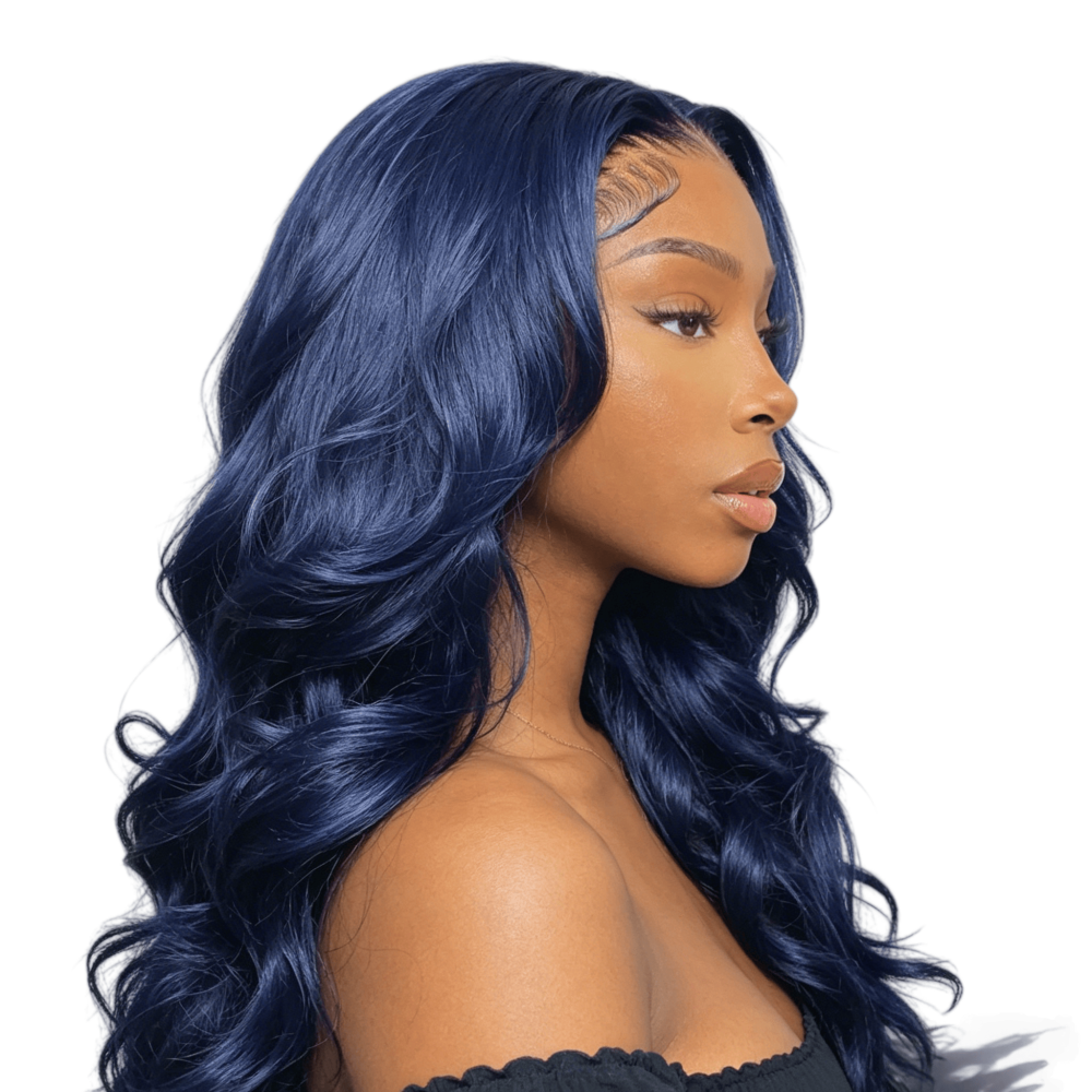 ParksonHair Transparent Lace MIdnight Blue 13x4 Full Lace Frontal Human Hair Wig Pre-Plucking Body Wave 180% Density Dark Blue Wigs