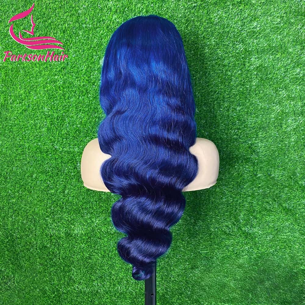 ParksonHair Transparent Lace MIdnight Blue 13x4 Full Lace Frontal Human Hair Wig Pre-Plucking Body Wave 180% Density Dark Blue Wigs