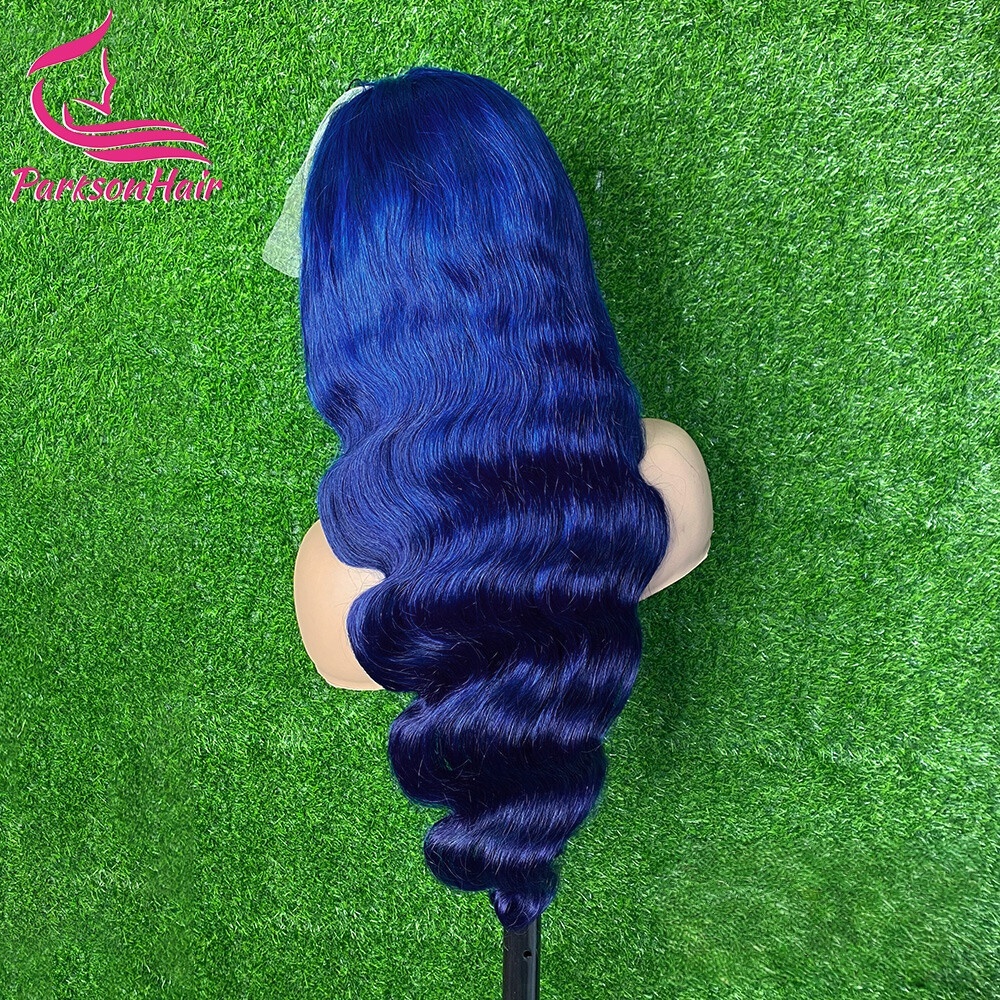 ParksonHair Transparent Lace MIdnight Blue 13x4 Full Lace Frontal Human Hair Wig Pre-Plucking Body Wave 180% Density Dark Blue Wigs