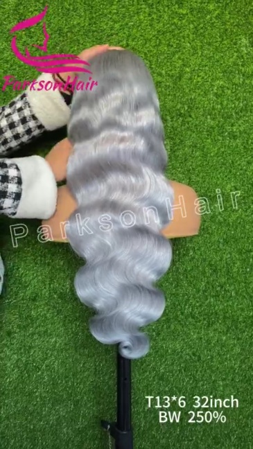 ParksonHair Sliver Grey Body Wave  Human Hair Wig 150% 180% Density 13x4 Regular Lace Front Wigs 16in-32in
