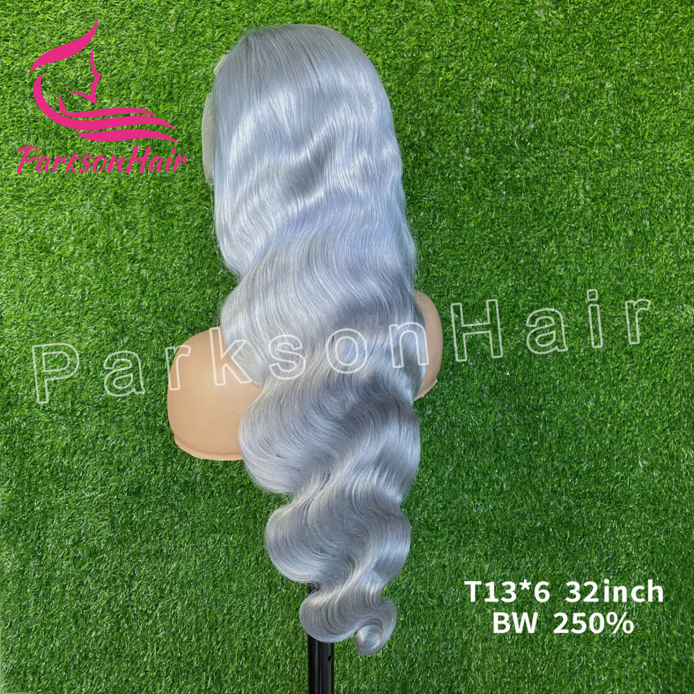 ParksonHair Sliver Grey Body Wave  Human Hair Wig 150% 180% Density 13x4 Regular Lace Front Wigs 16in-32in