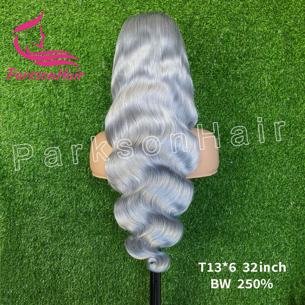 ParksonHair Sliver Grey Body Wave  Human Hair Wig 150% 180% Density 13x4 Regular Lace Front Wigs 16in-32in