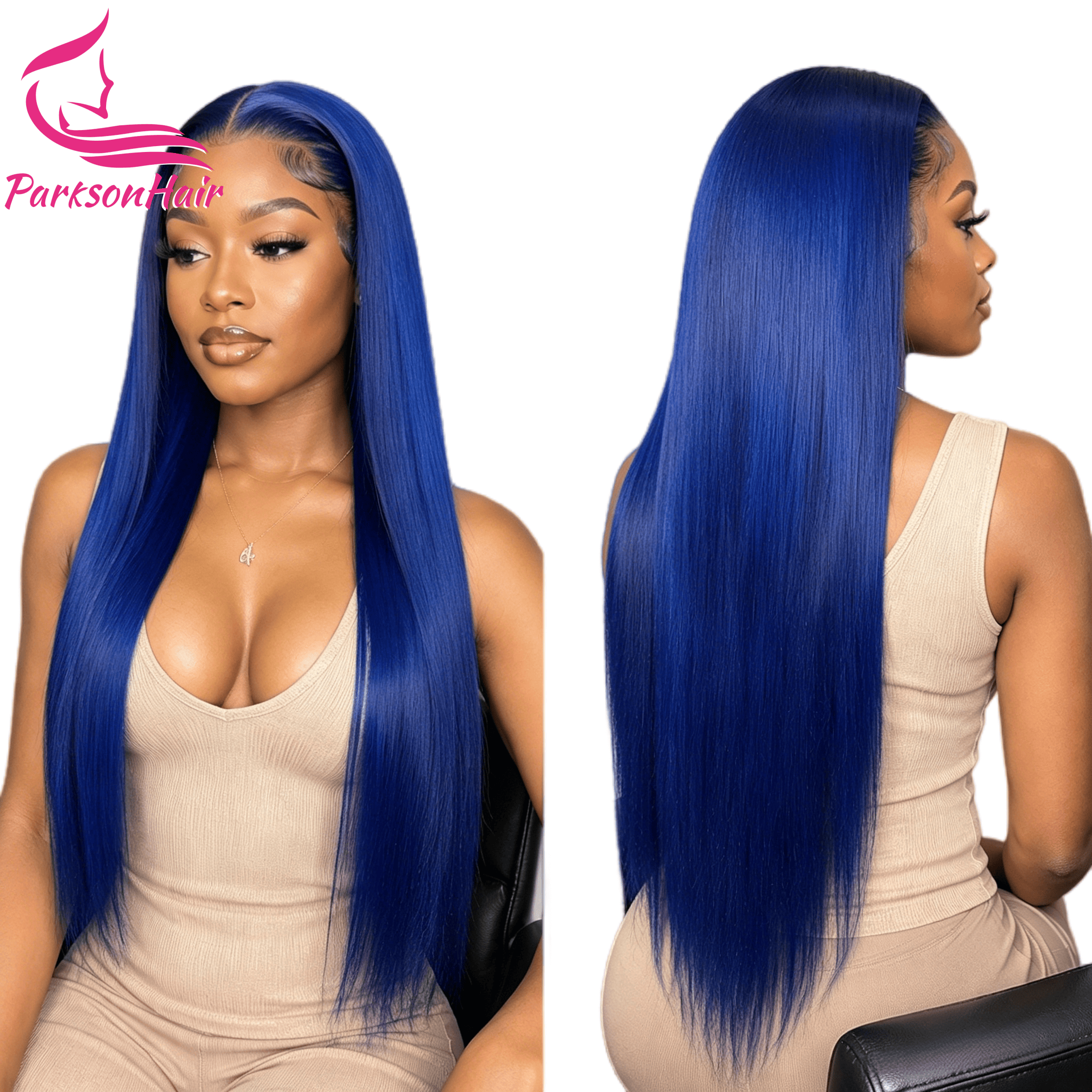 ParksonHair  MIdnight Blue Transparent 13x4 Full Lace Frontal Human Hair Wig Pre-Plucking Straight 180% Density Dark Blue Wigs