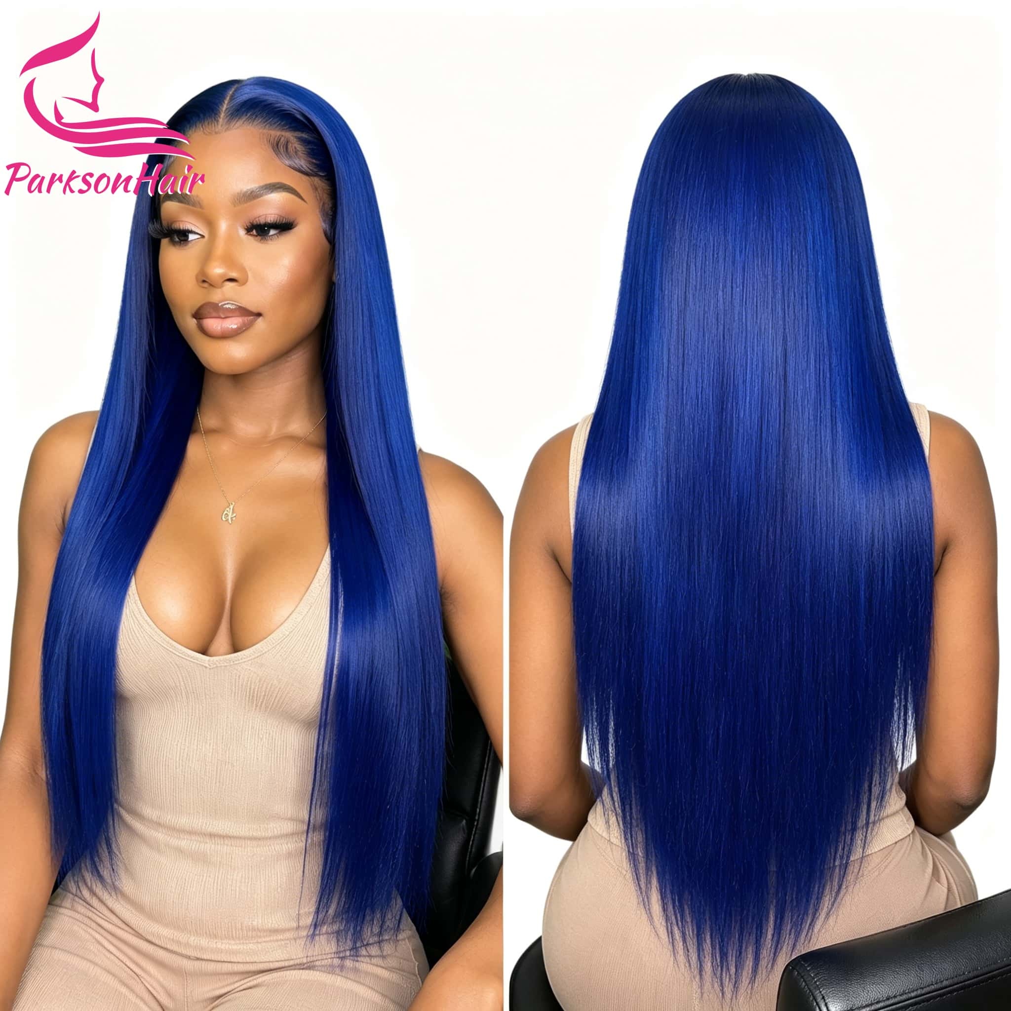 ParksonHair  MIdnight Blue Transparent 13x4 Full Lace Frontal Human Hair Wig Pre-Plucking Straight 180% Density Dark Blue Wigs